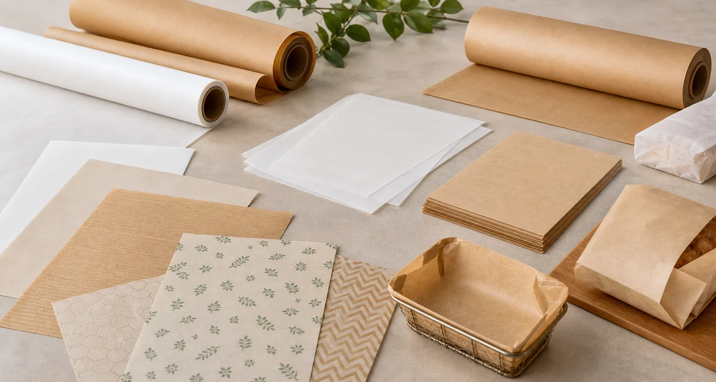 Greaseproof and food wrapping paper sheets, rolls and food basket liners