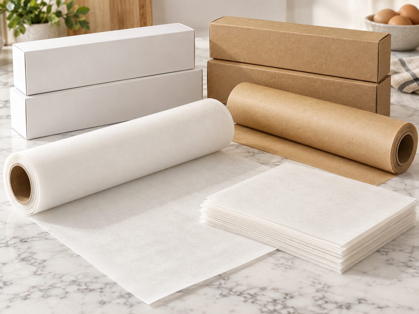 White and natural brown baking parchment paper rolls, pre-cut sheets and retail packaging boxes