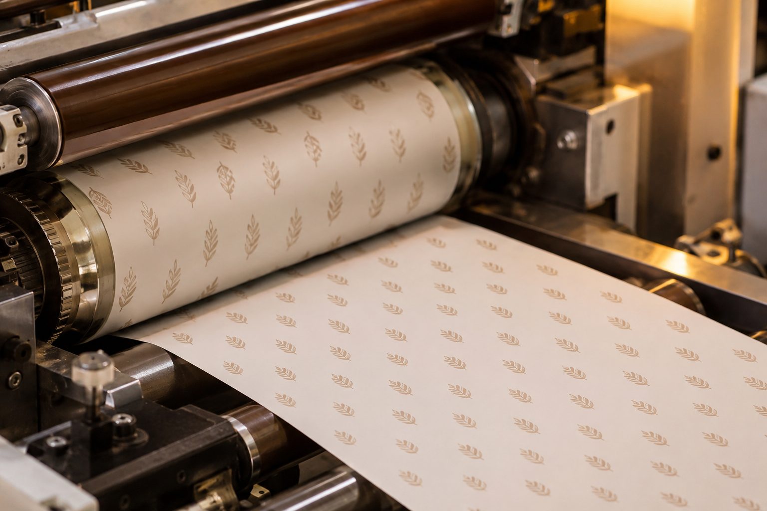 Printing unit detail with repeating pattern printed on parchment paper