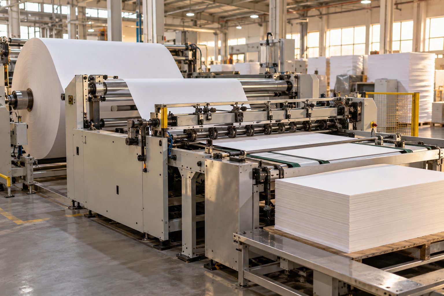 Printed paper moving through the converting and cutting line